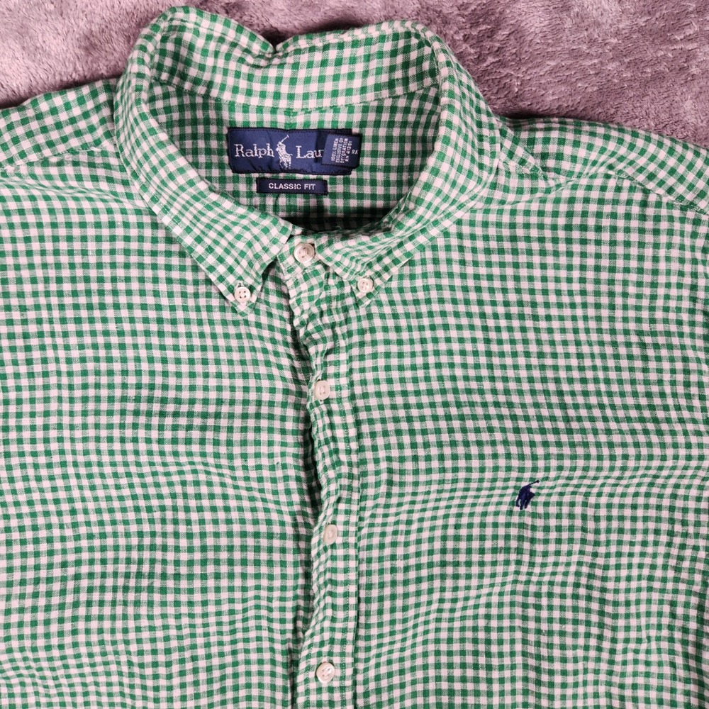 Ralph Lauren Button Down Mens XXL Green Excellent Linen Gingham Classic Fit - Picture 2 of 12
